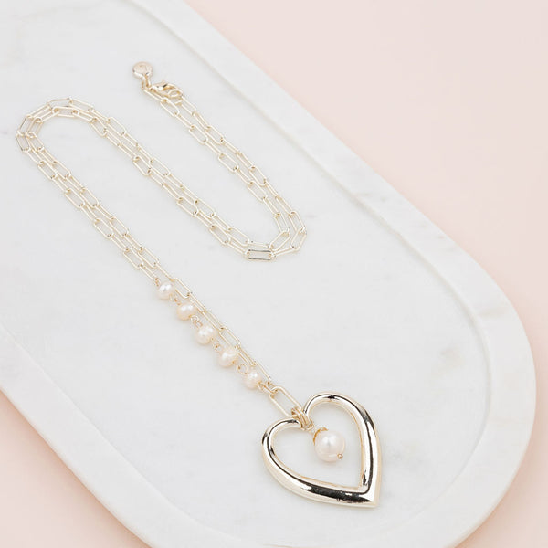 Light Gold Love Heart and Pearl Necklace
