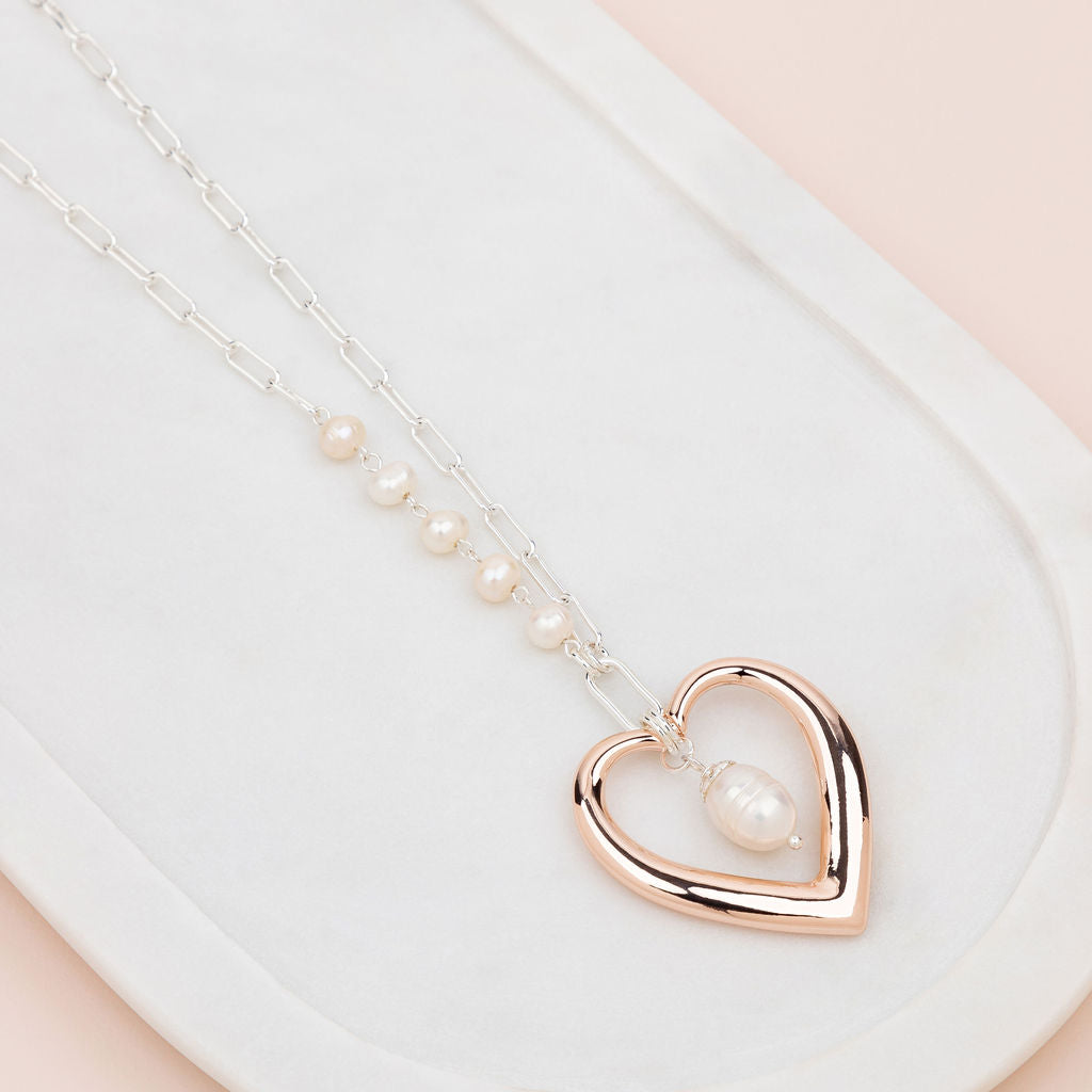 Rose Gold & Silver Heart Pearl Long Necklace