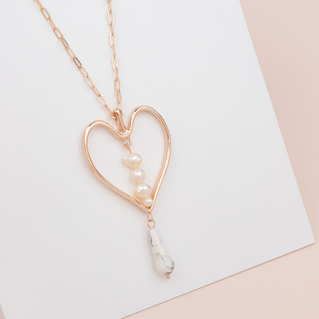 Rose Gold Heart, Pearl & Howlite Stone Necklace