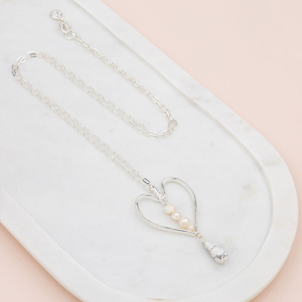 Silver Heart, Pearl & Howlite Stone Necklace