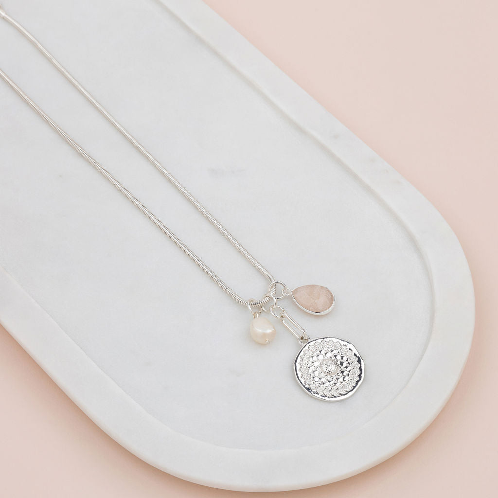 Silver Pattern Disc, Pearl, Pink Long Necklace