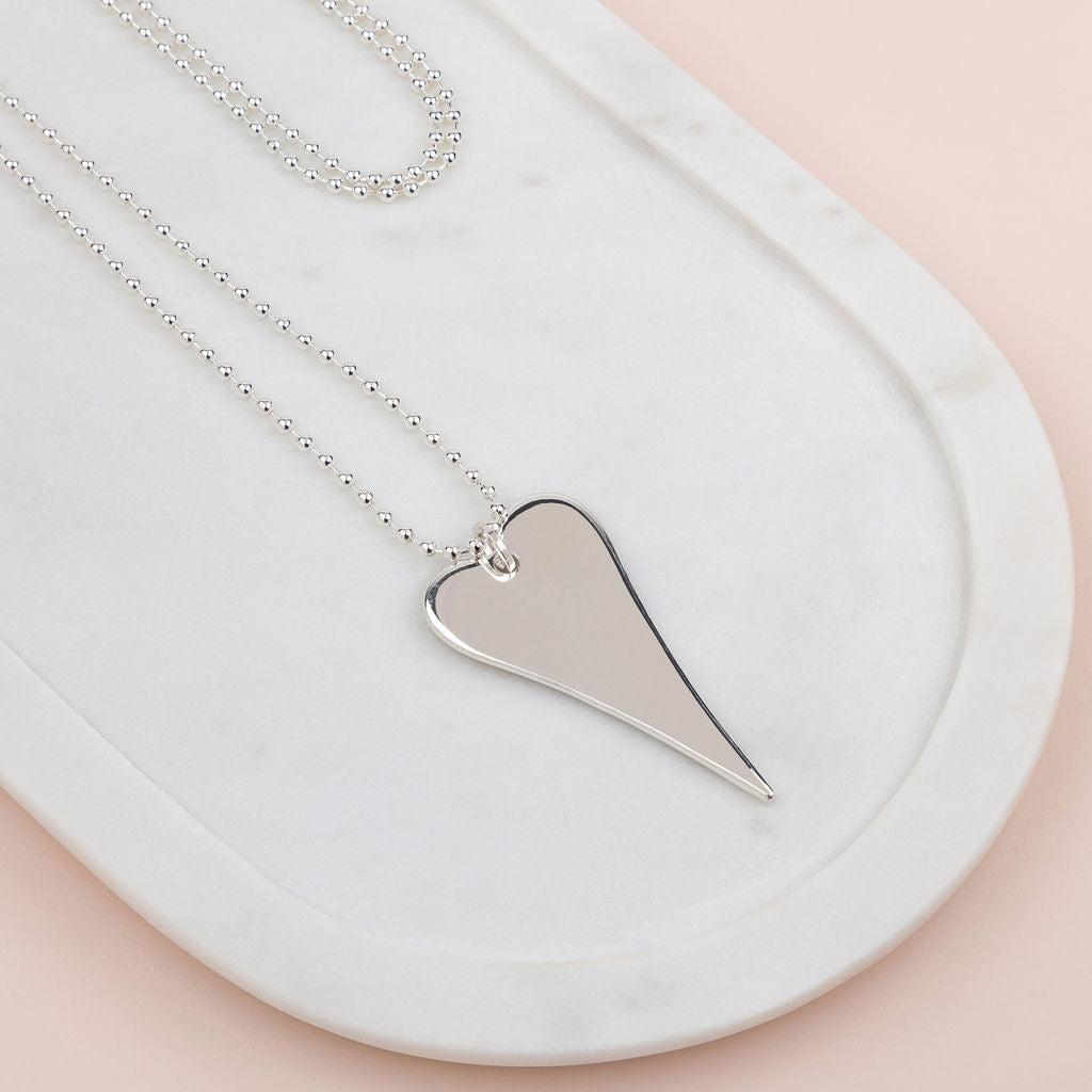 Stunning Long Silver Flat Heart Necklace