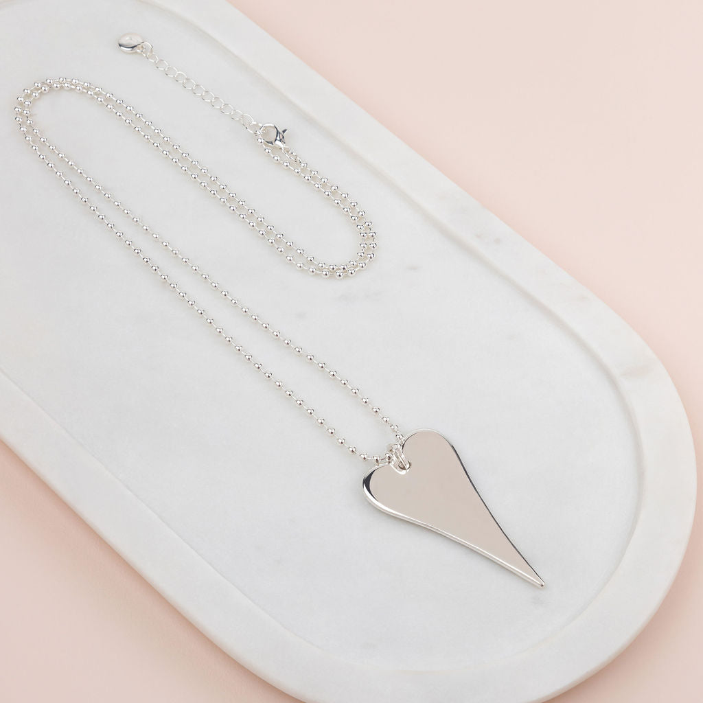 Stunning Long Silver Flat Heart Necklace
