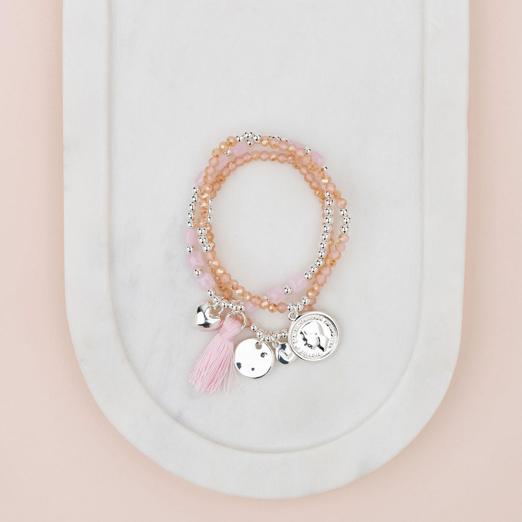 Silver Coin on Rose Quartz Stone Bracelet
