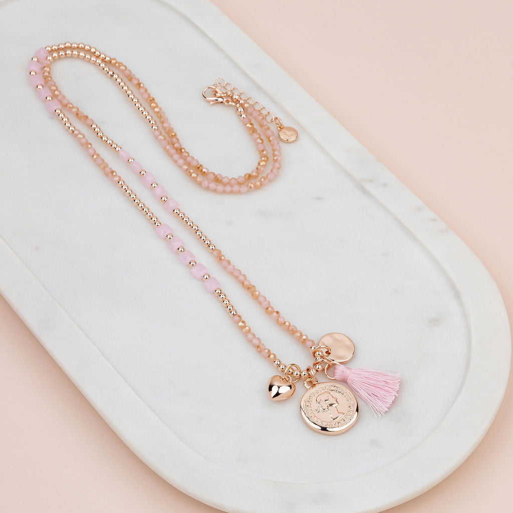 Rose Gold Coin on Rose Quartz Bead & Pink Tassel Necklace