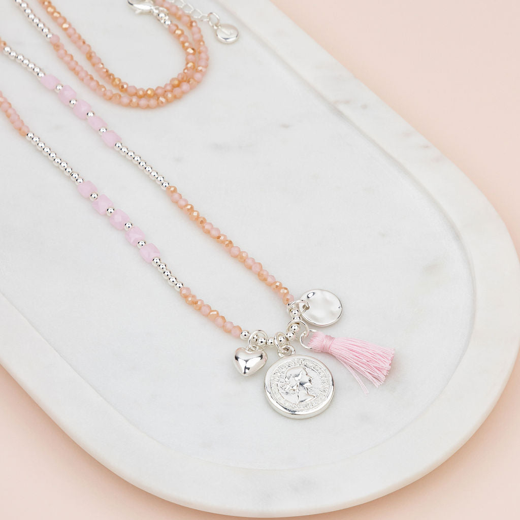 Silver Coin on Rose Quartz Bead & Pink Tassel Long Necklace