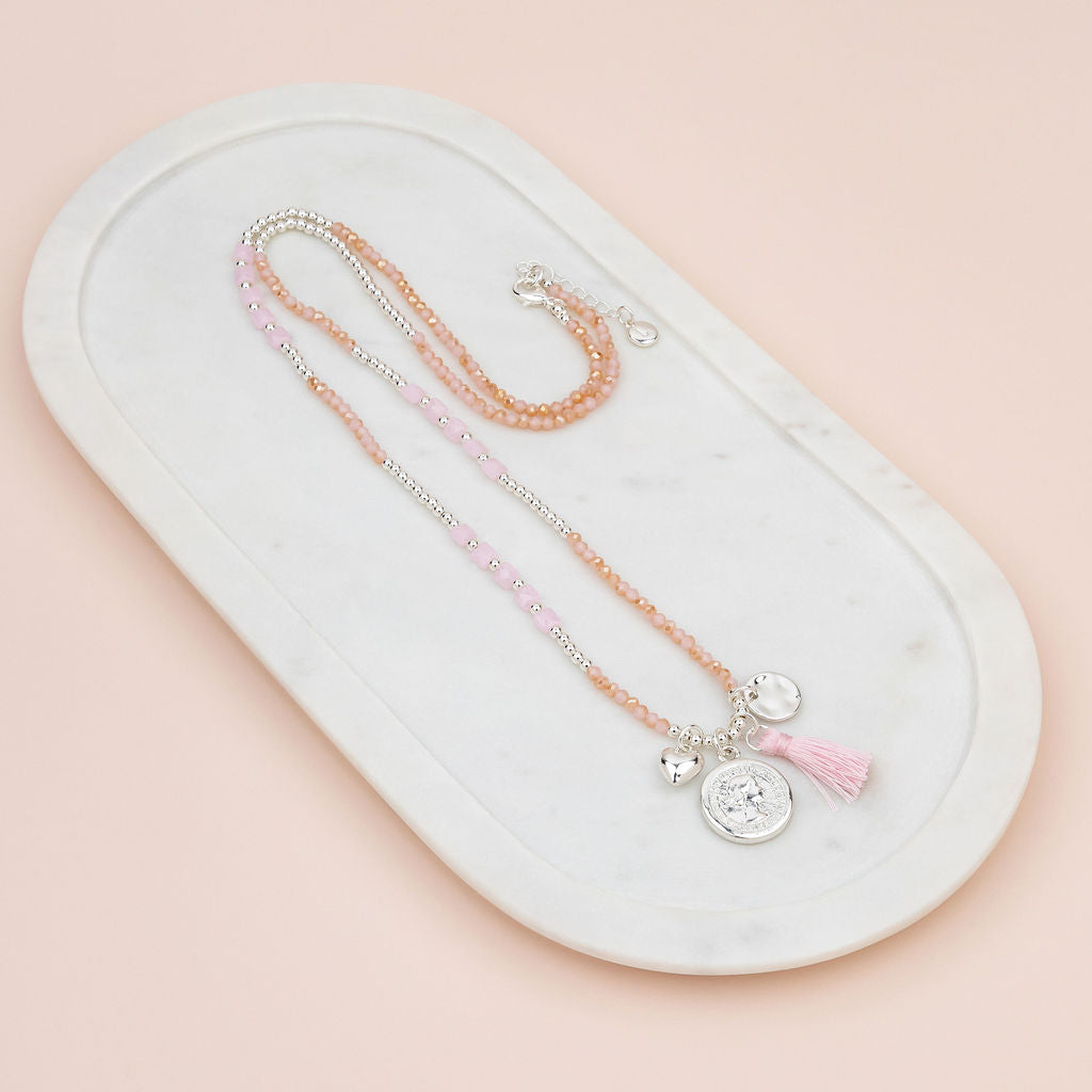 Silver Coin on Rose Quartz Bead & Pink Tassel Long Necklace