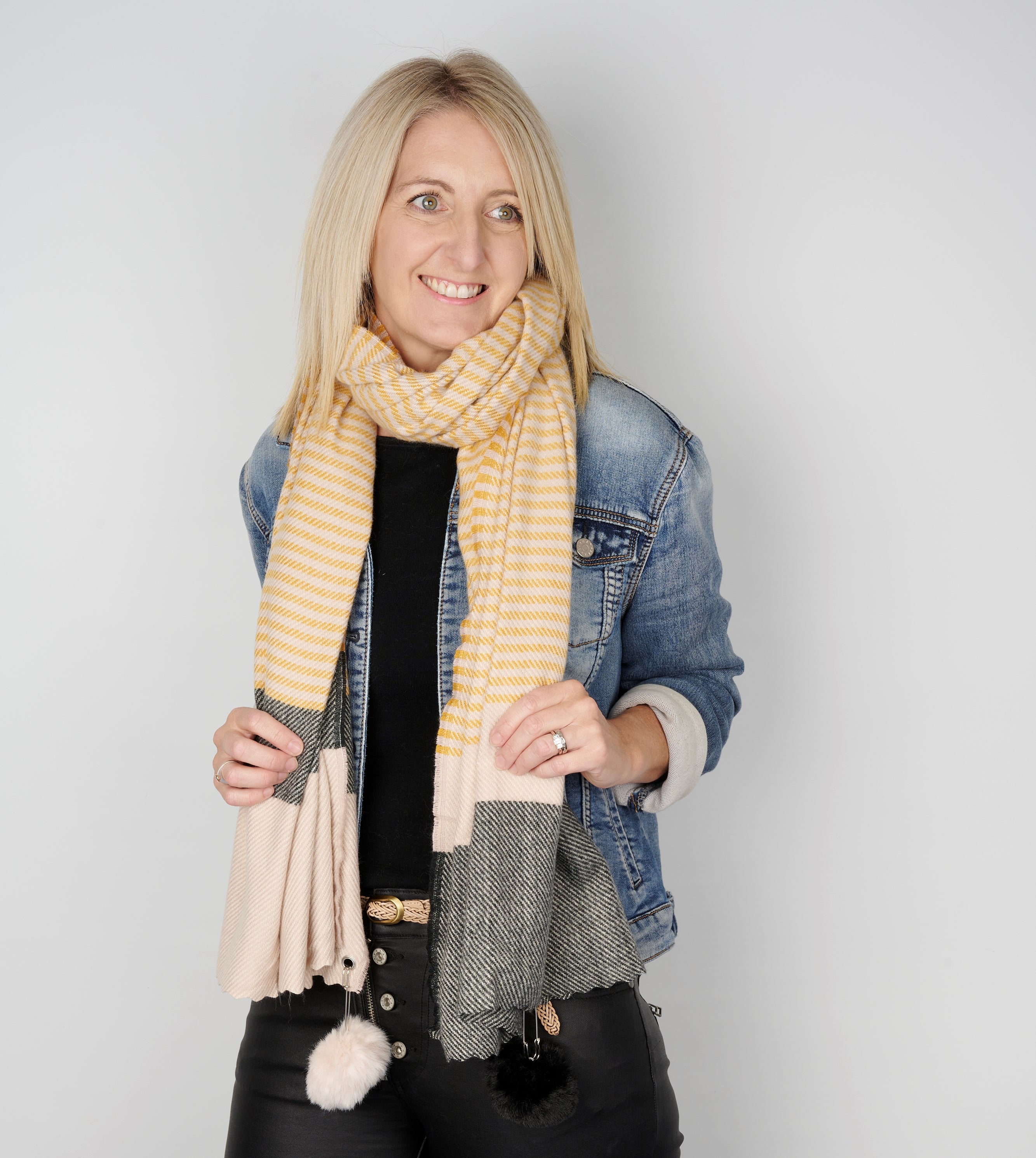 Winter | Ladies | Pom Pom Yellow & Grey Stripe Scarf