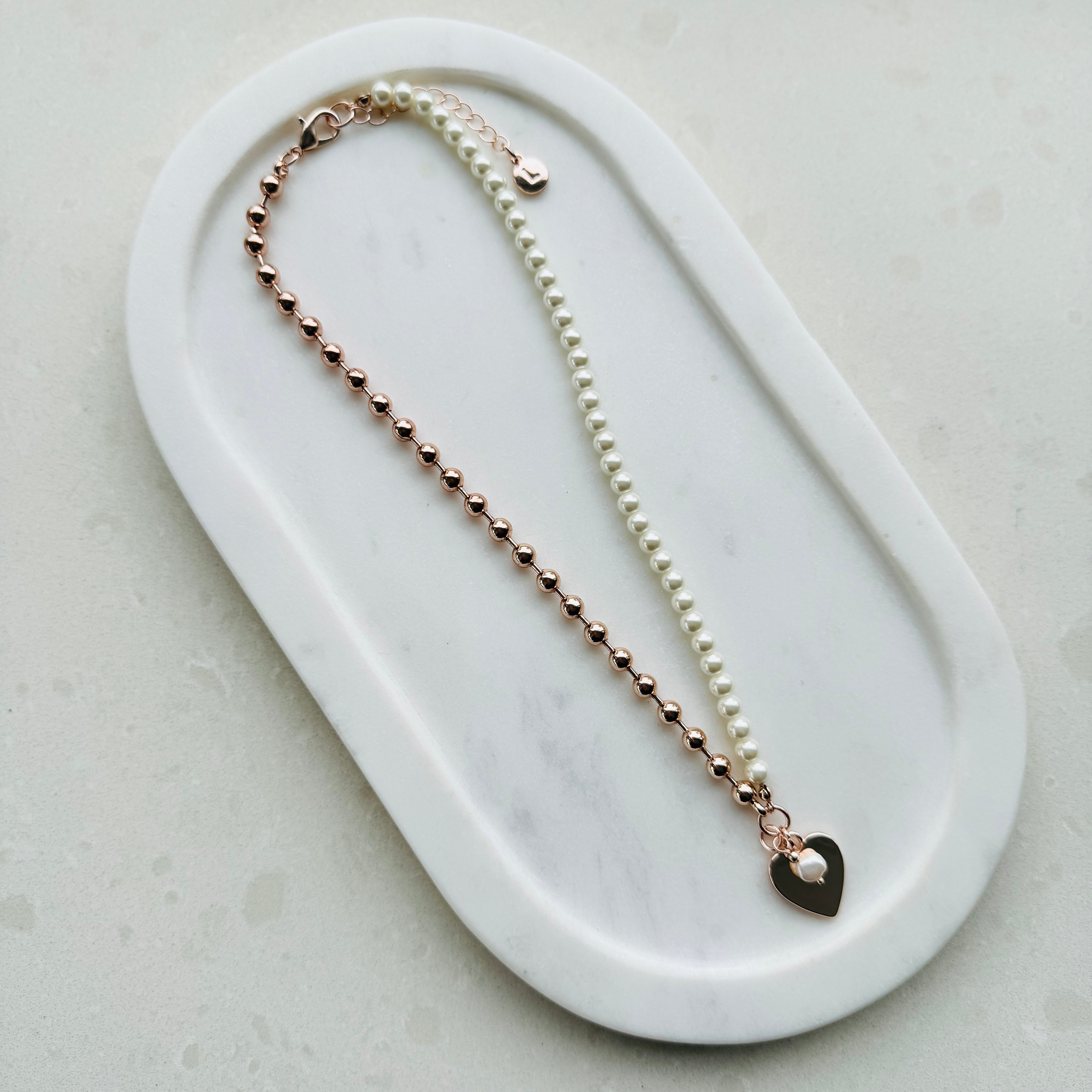SHORT | Half Pearl & Rose Gold Heart Necklace