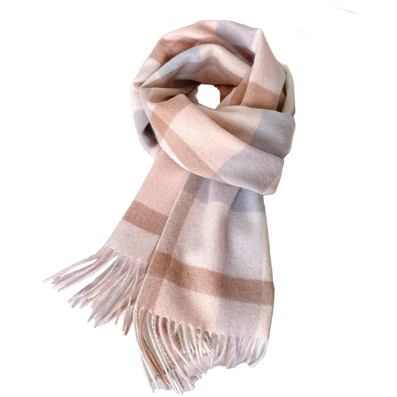 Ladies Winter Wool | Soft Pink, Grey & Brown Check Scarf