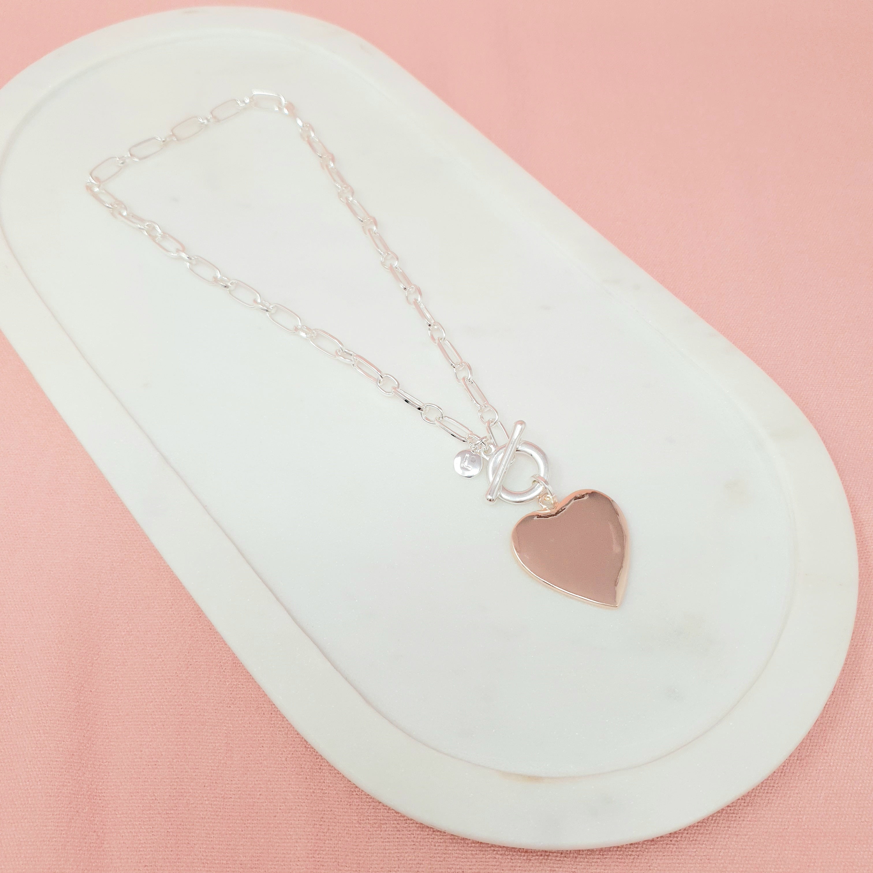 SHORT | Silver & Rose Large Gold Heart Necklace