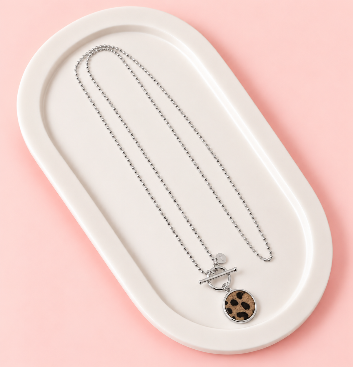 Silver Brown Leppord Print Disc Necklace