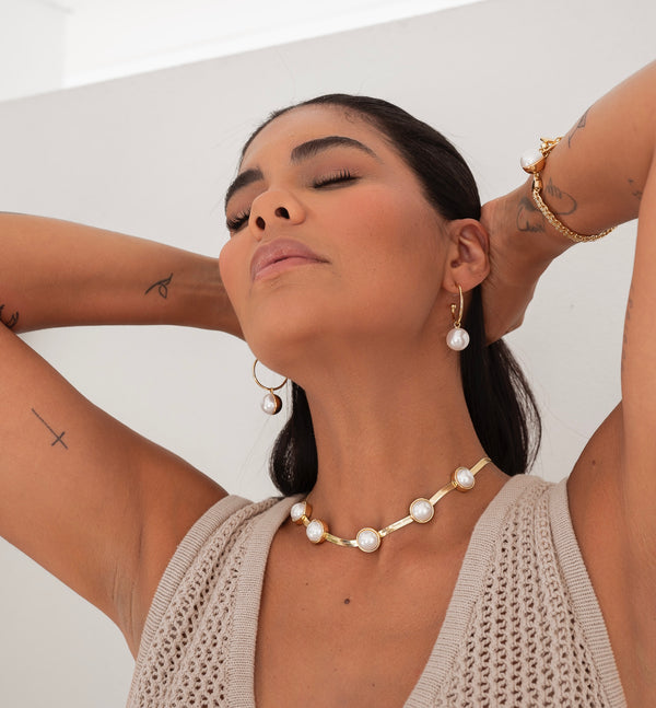 SHORT | Yellow Gold Wide Snake Chain with Pearls Necklace