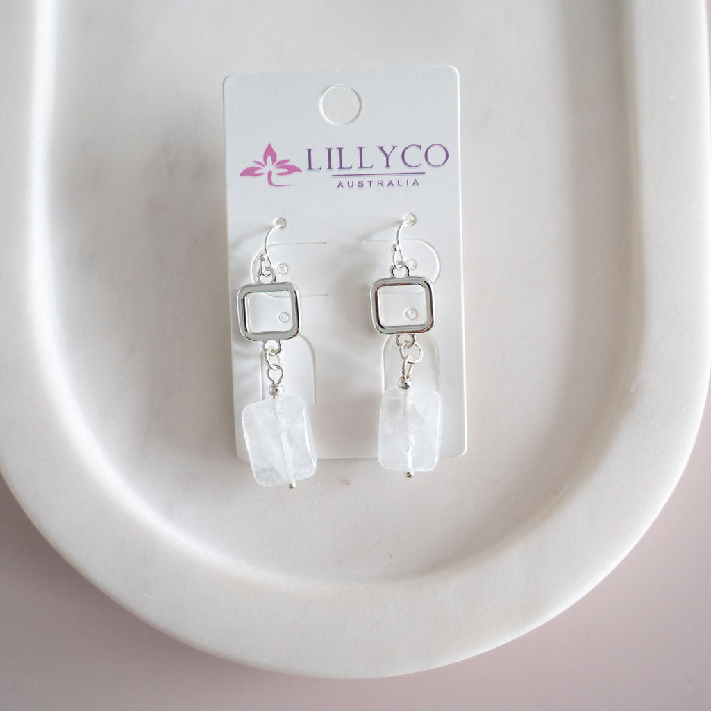 Silver Square Clear Stone Earring
