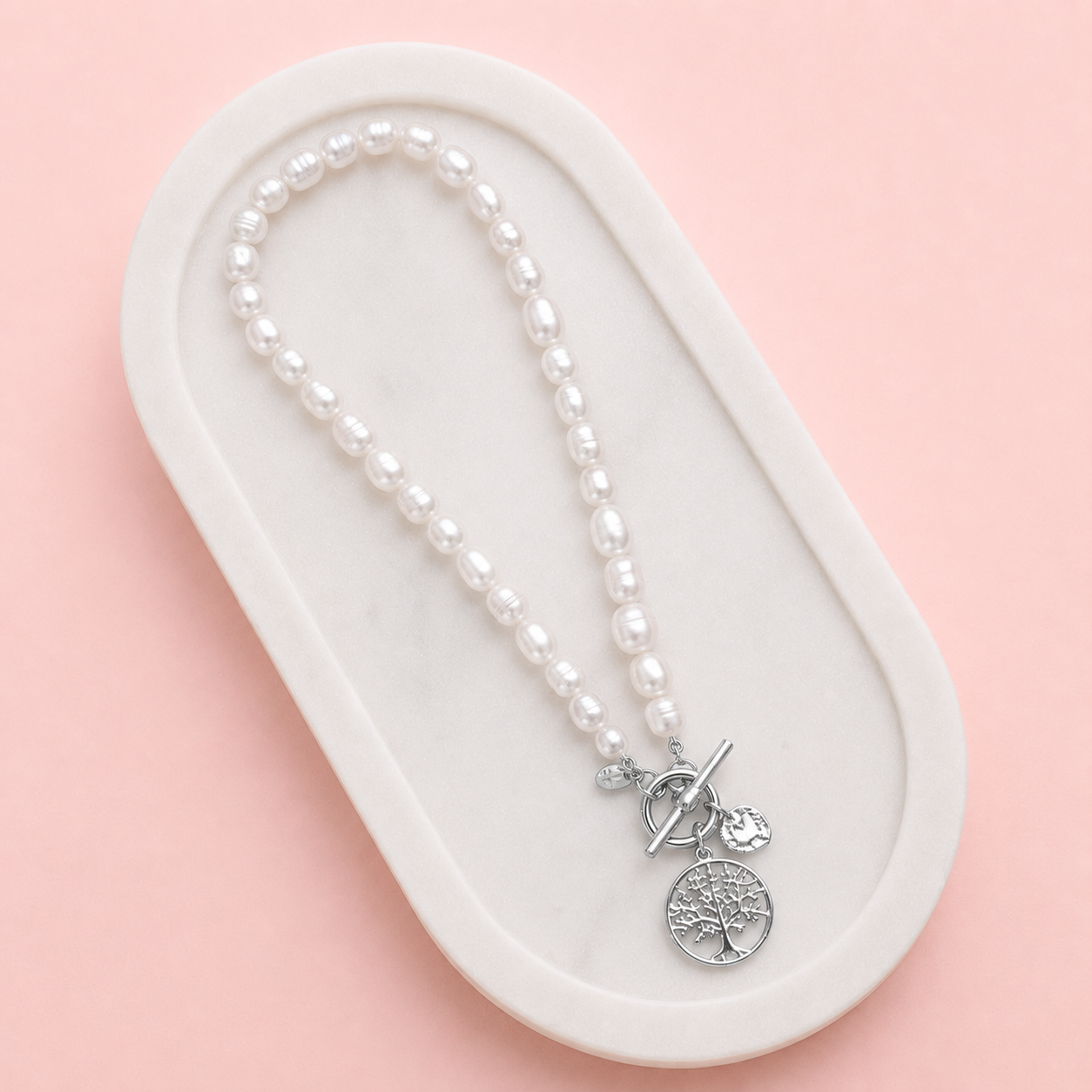 SHORT | Silver Tree on Freshwater Pearl Necklace