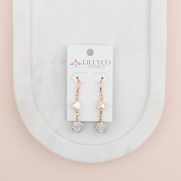 Rose Gold Bling Ball with Pearl Earring