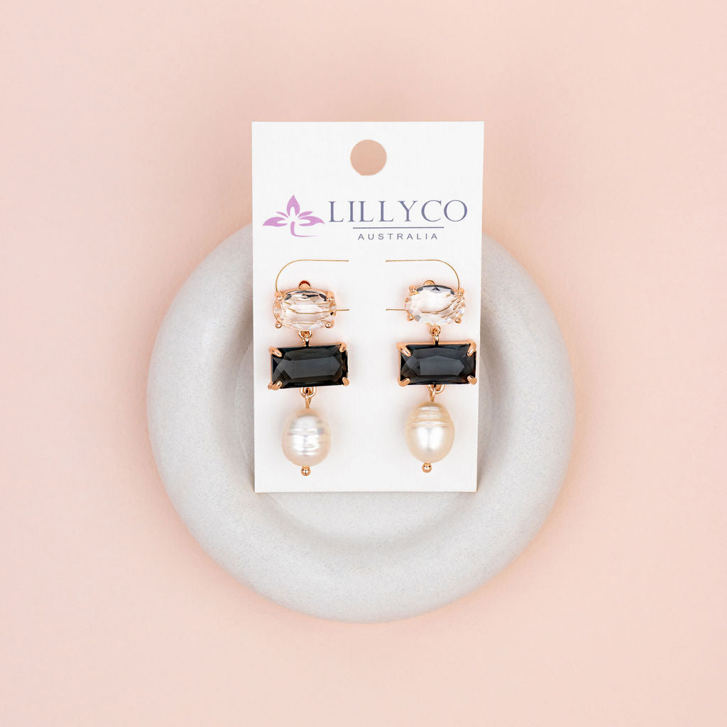 Black Crystal, Clear Crystal & Pearl Drop Earrings