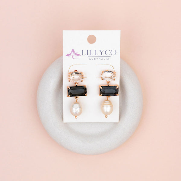 Black Crystal, Clear Crystal & Pearl Drop Earrings