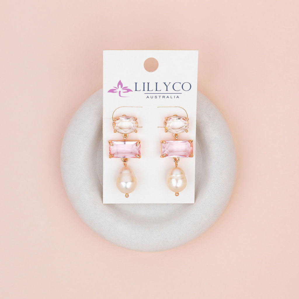 Pink Crystal, Clear Crystal & Pearl Drop Earrings