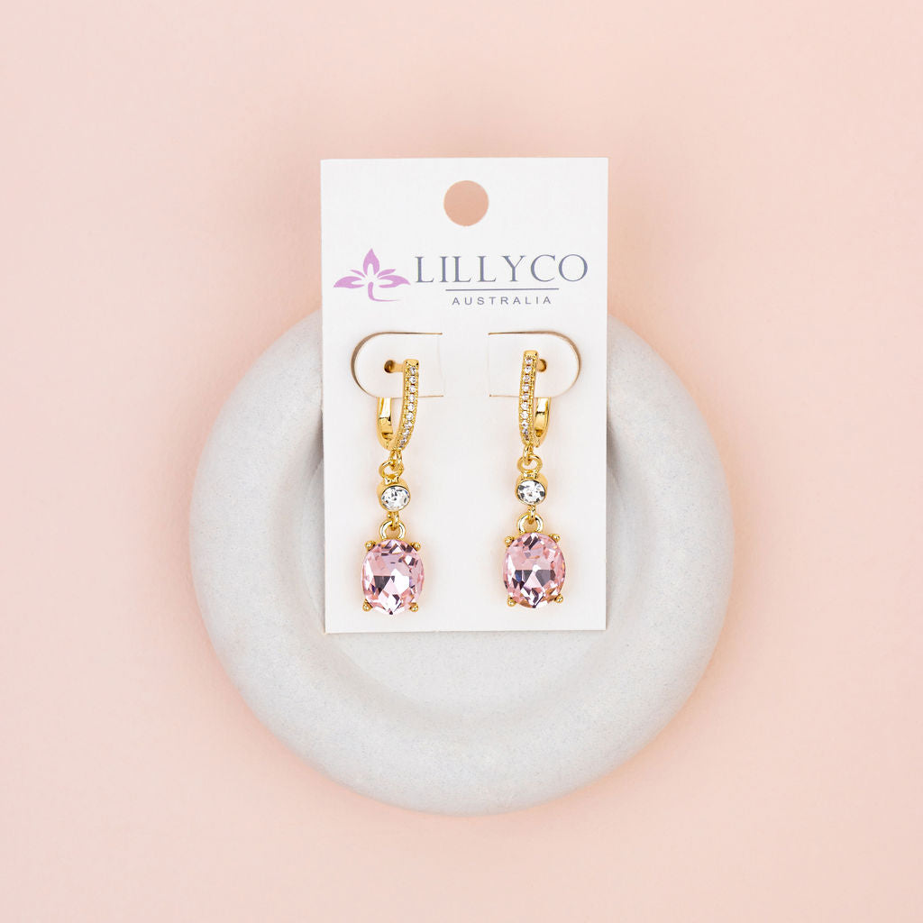 Yellow Gold Plating with Clear & Pink Crystal Earrings
