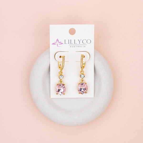 Yellow Gold Plating with Clear & Pink Crystal Earrings
