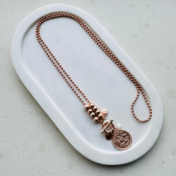 Matt Plated Rose Gold Coin & Pearl Long Necklace