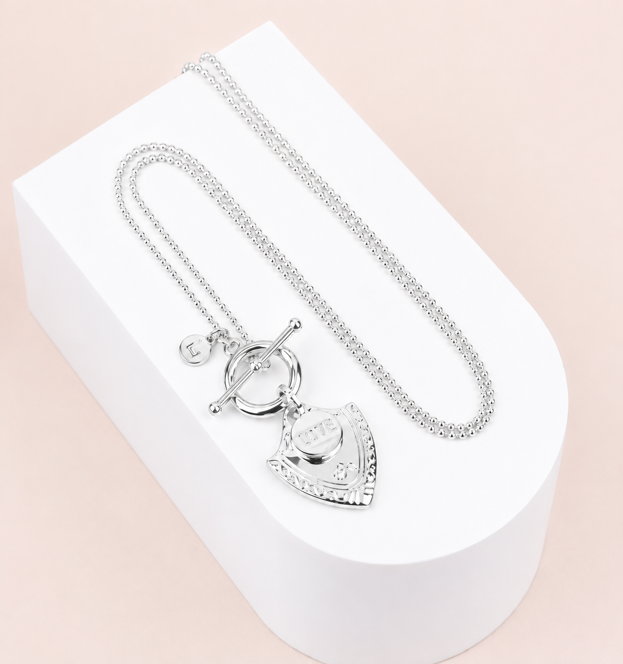 Silver Sheild Pendant Long Necklace