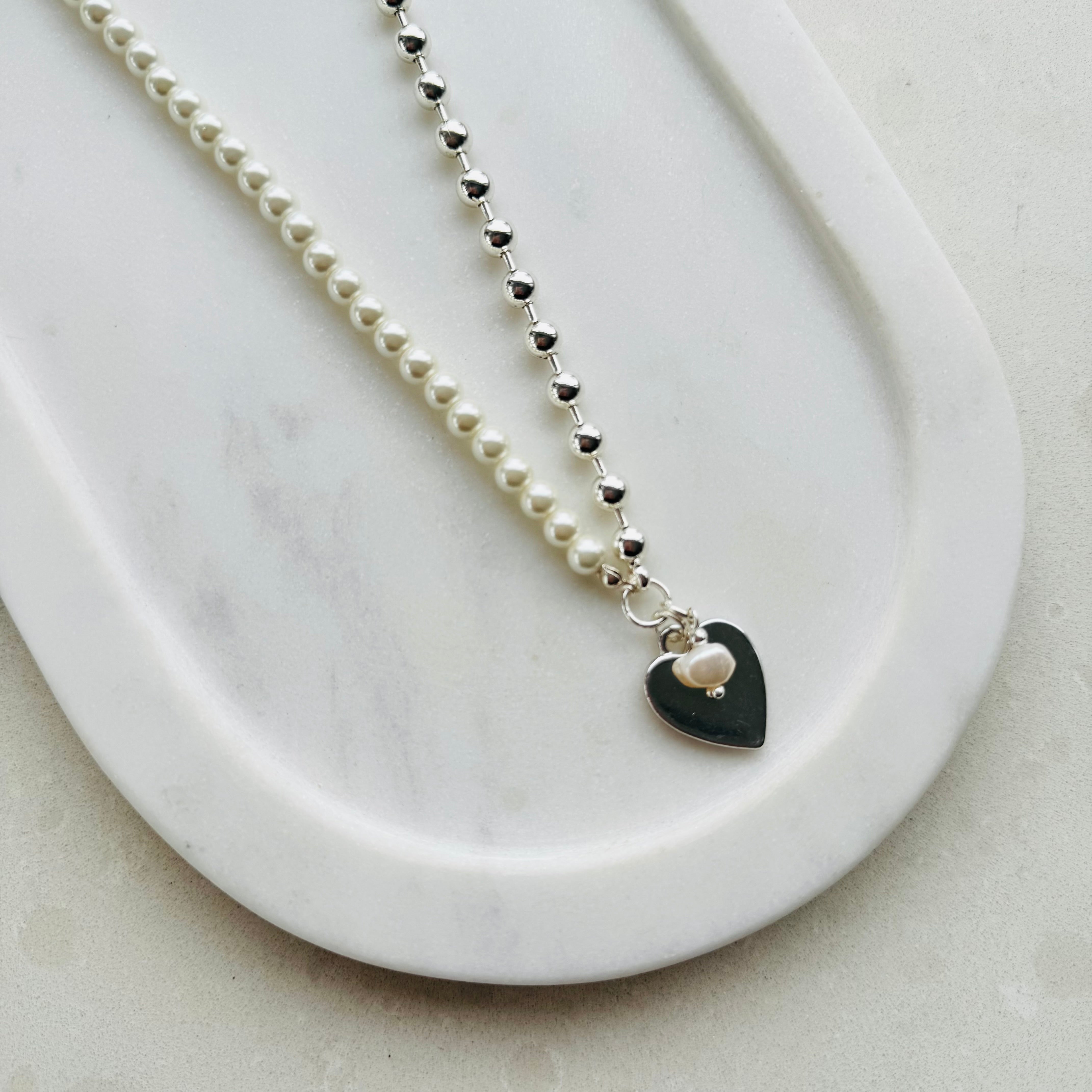 SHORT | Half Pearl & Silver Heart Necklace