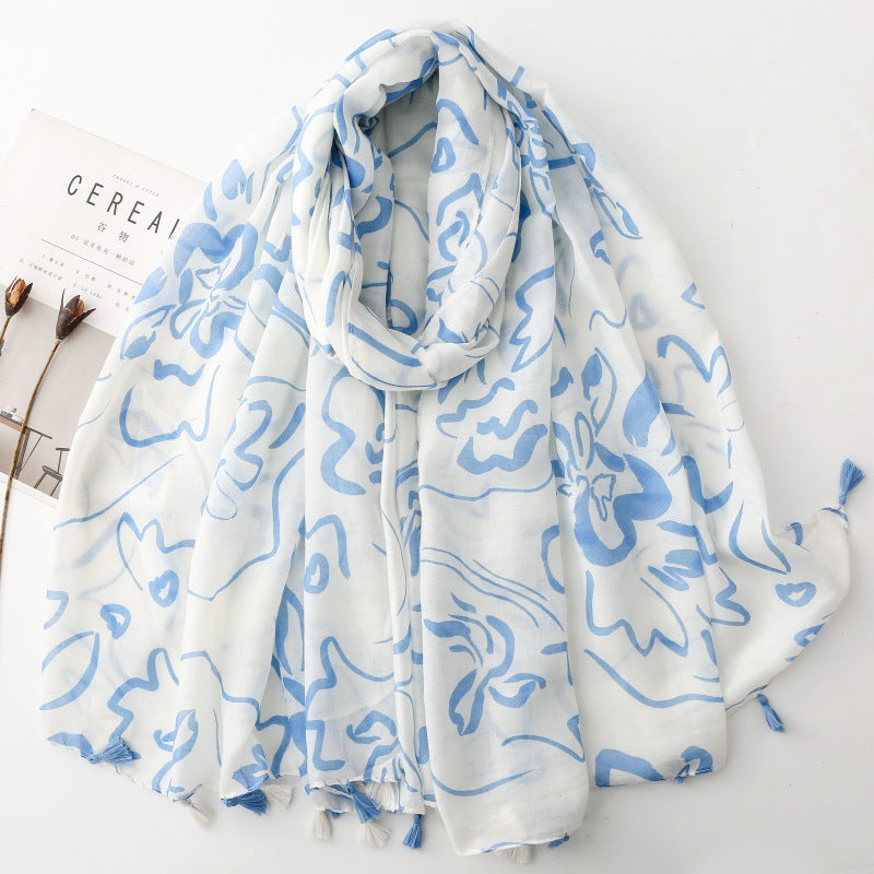 Ladies | White & Light Blue Pattern Print Scarf