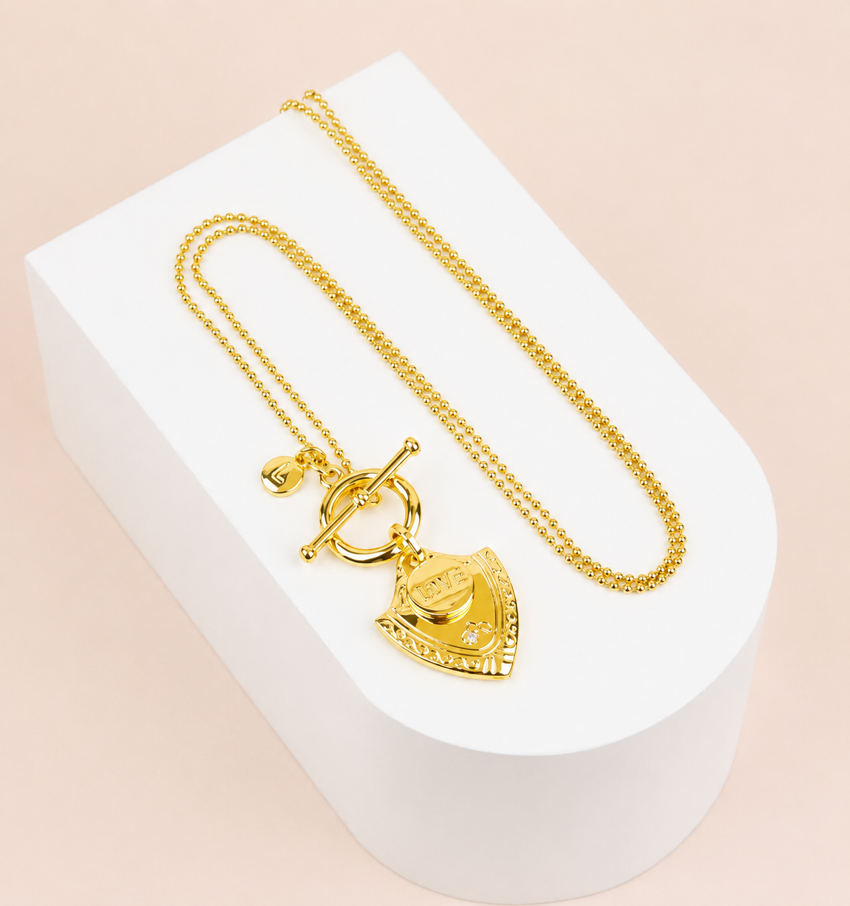 Yellow Gold Sheild Pendant Long Necklace