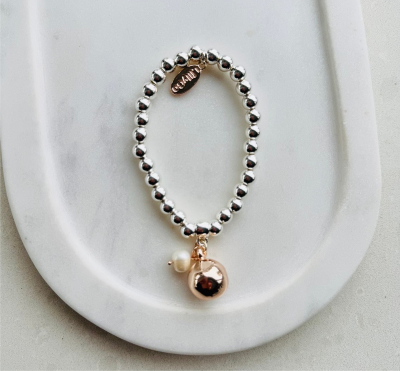 Rose Gold & Silver with Metal Ball & Pearl Bracelet