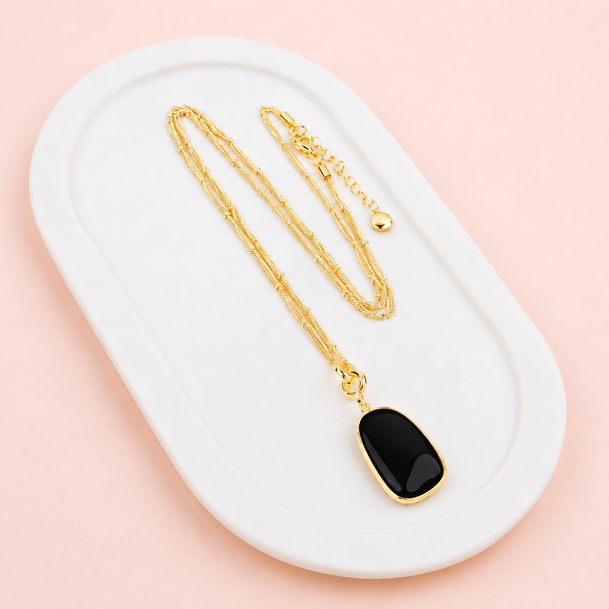 Yellow Gold - Black Pendant Long Necklace