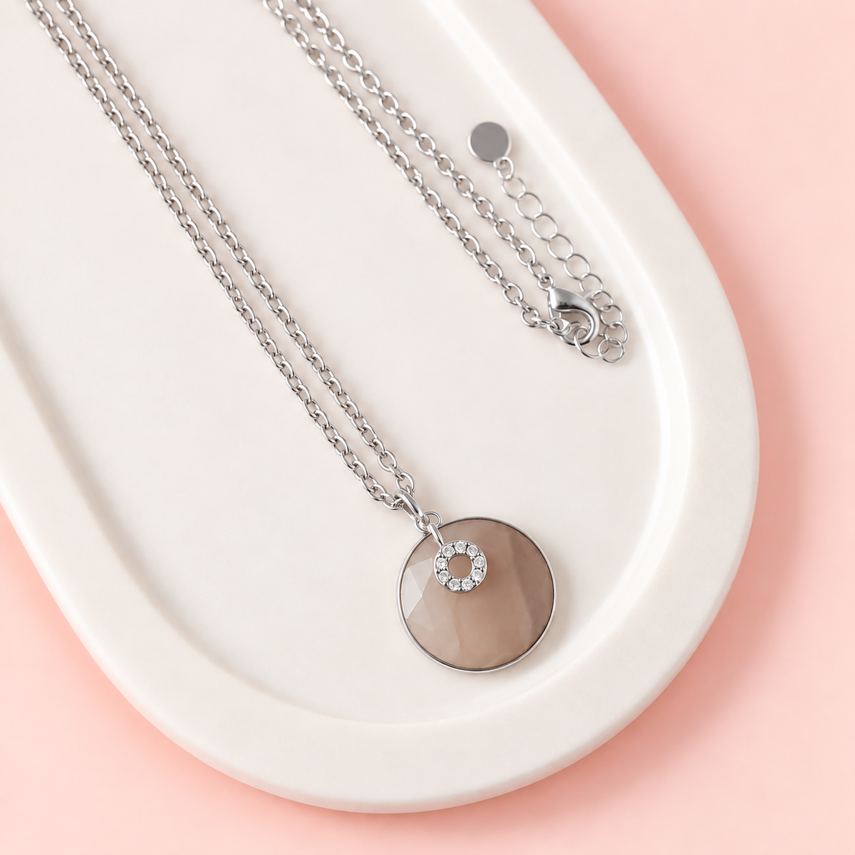 Silver Disc with Orange Stone & Bling Long Necklace
