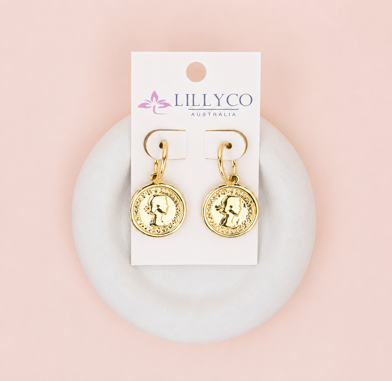 Yellow Gold Coin Drop Earrings