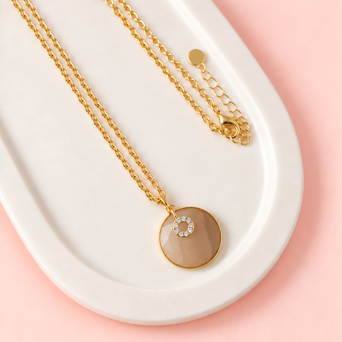 Yellow Gold Disc with Orange Stone & Bling Long Necklace