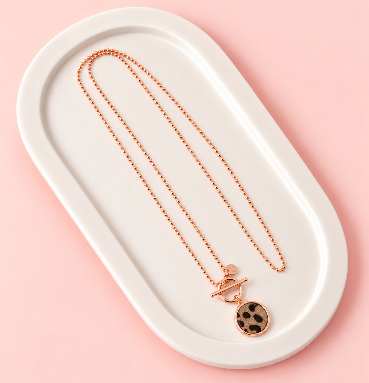 Rose Gold Brown Leppord Print Disc Necklace