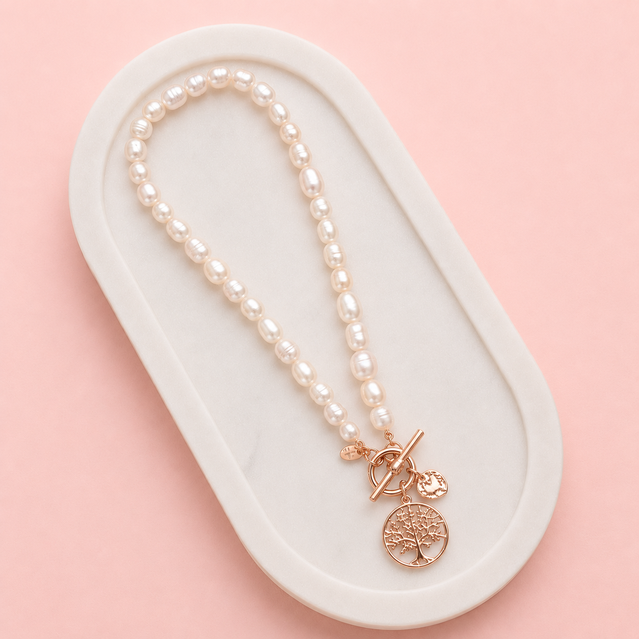 SHORT | Rose Gold Tree on Freshwater Pearl Necklace
