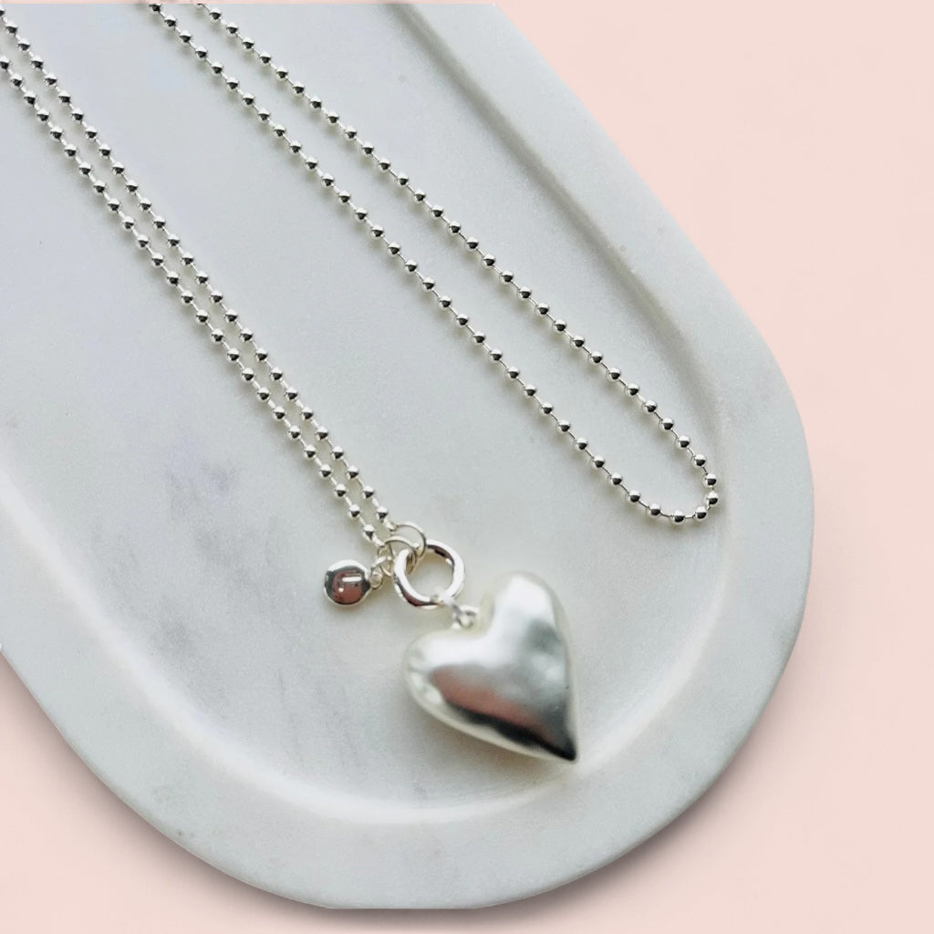 Matt Long Silver Solid Heart Long Necklace