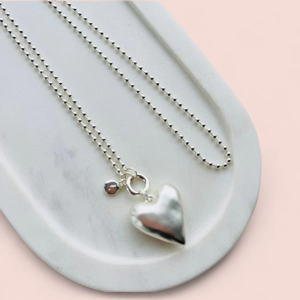 Matt Long Silver Solid Heart Long Necklace