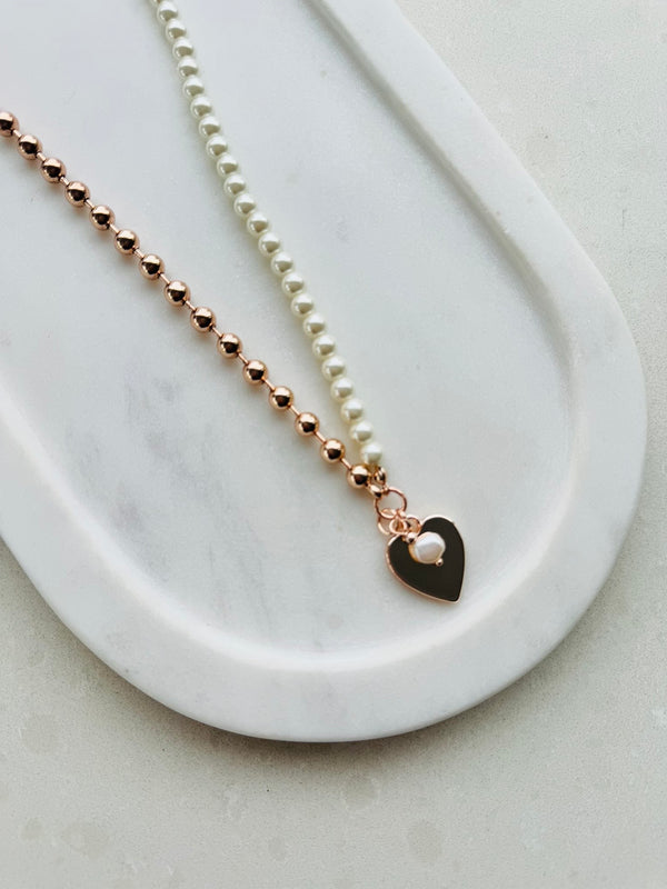 SHORT | Half Pearl & Rose Gold Heart Necklace