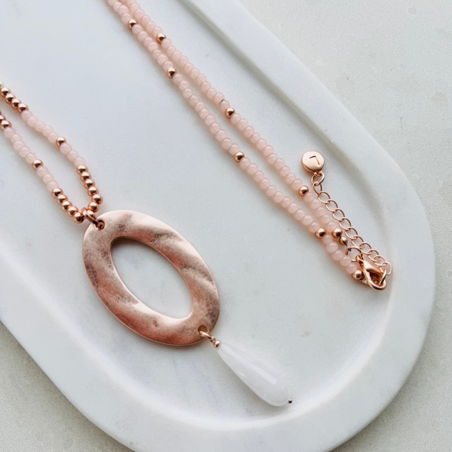 Rose Gold Oval w Pink Stone Beads Necklace