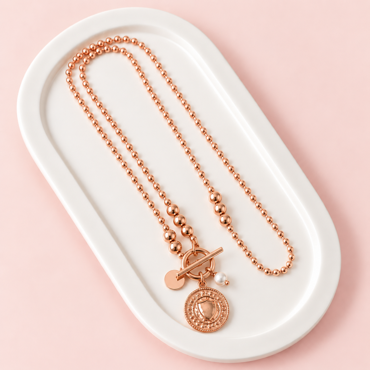Rose Gold Disc with Shield Imprint Long Necklace