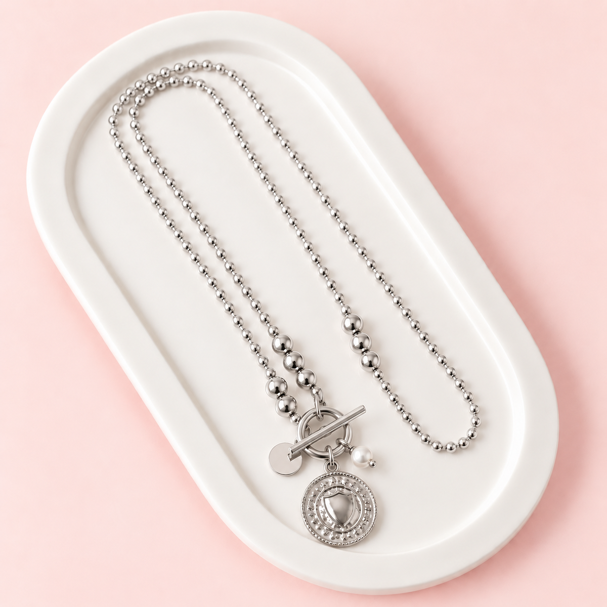 Silver Disc with Shield Imprint Long Necklace
