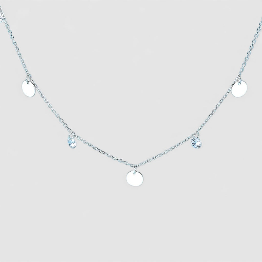 Silver Disc & Crystal Short Necklace | 18K Plated | Lillyco