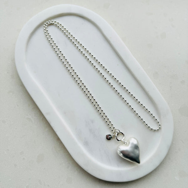 Matt Long Silver Solid Heart Long Necklace