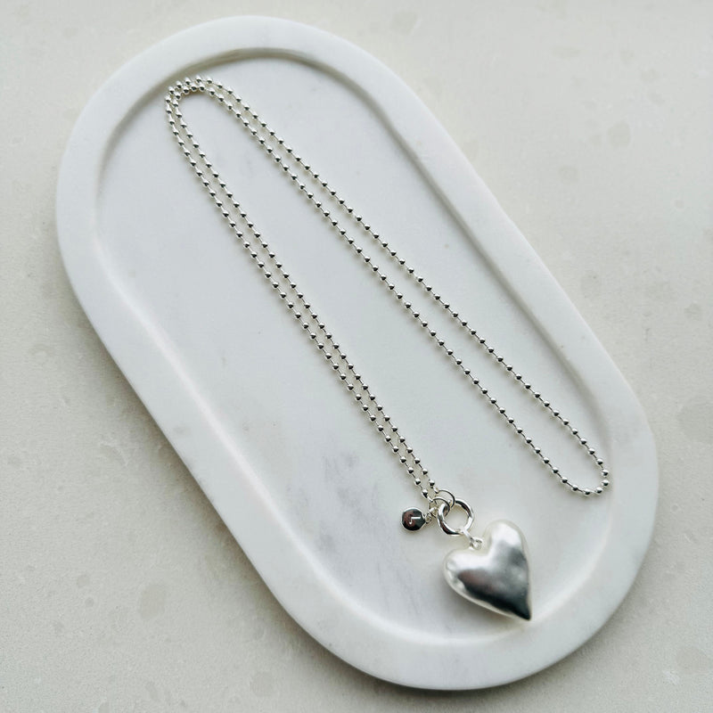 Matt Long Silver Solid Heart Long Necklace
