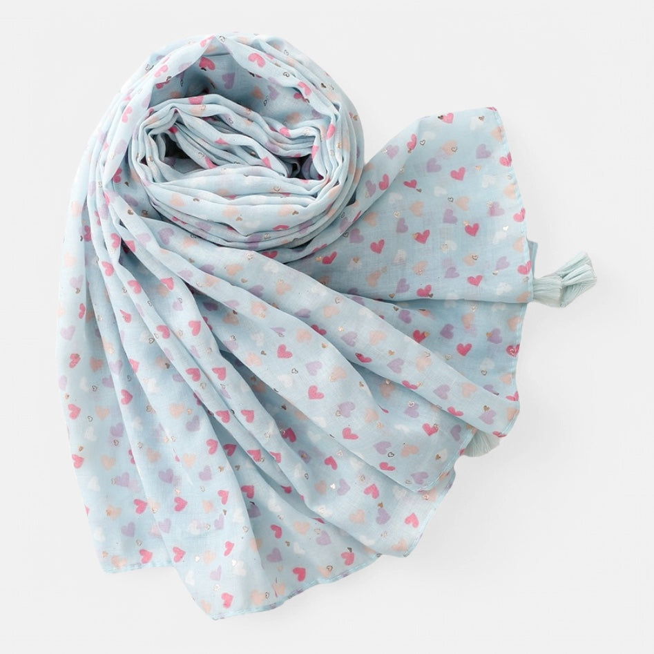 Ladies Pale Blue Scarf with Love Hearts