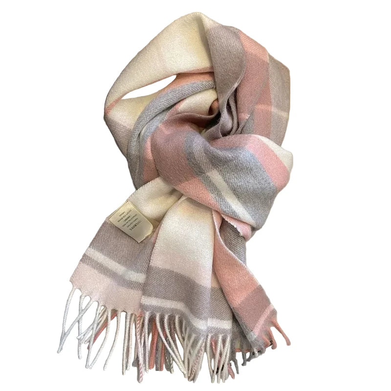 Ladies Winter Wool | Soft White, Pink & Grey Check Scarf