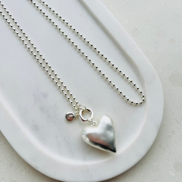 Matt Long Silver Solid Heart Long Necklace