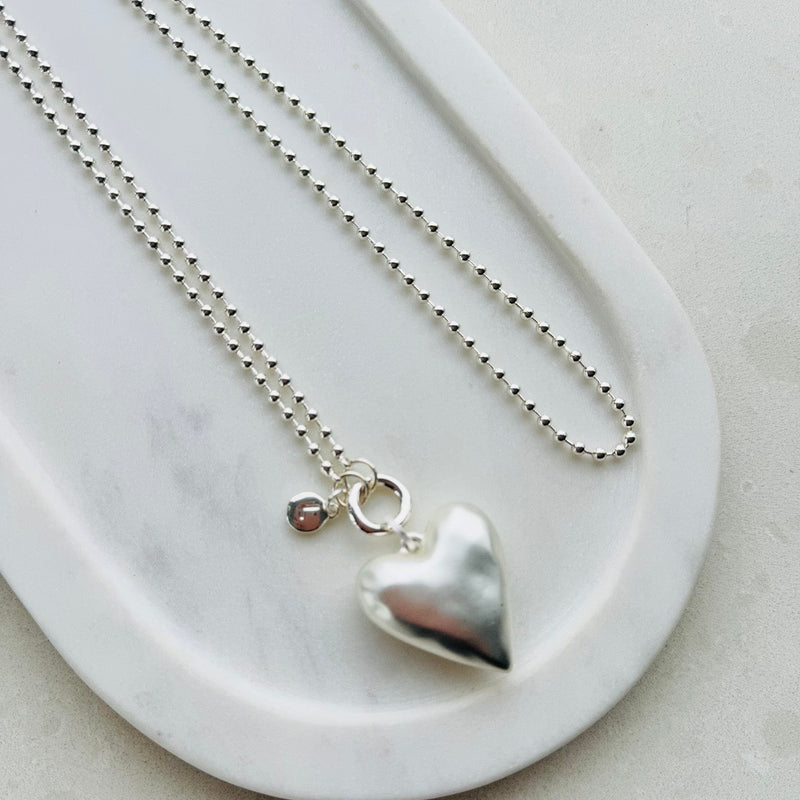 Matt Long Silver Solid Heart Long Necklace